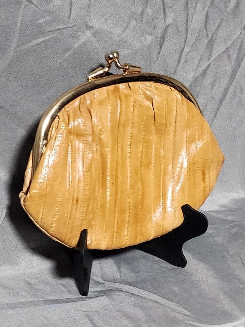 Vintage Cognac 100% Genuine Eel Skin Double Kisslock Coin Purse Pouch Wallet